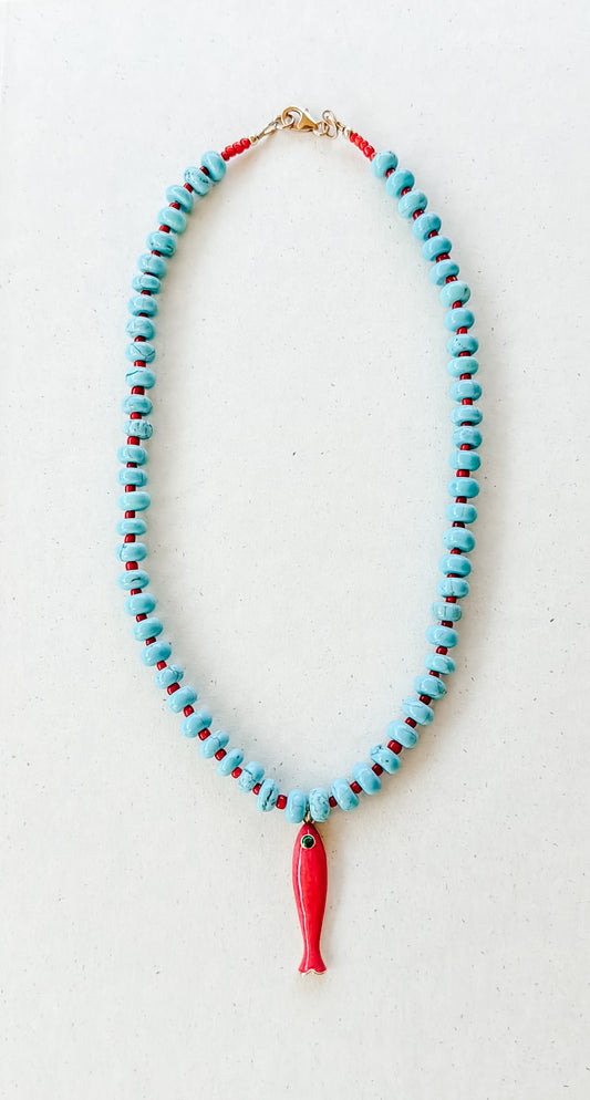 Turquoise and Red Vintage Bead Necklace