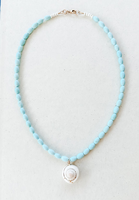 Cream Blue Turquoise Glass Bead Necklace with Seashell Pendant