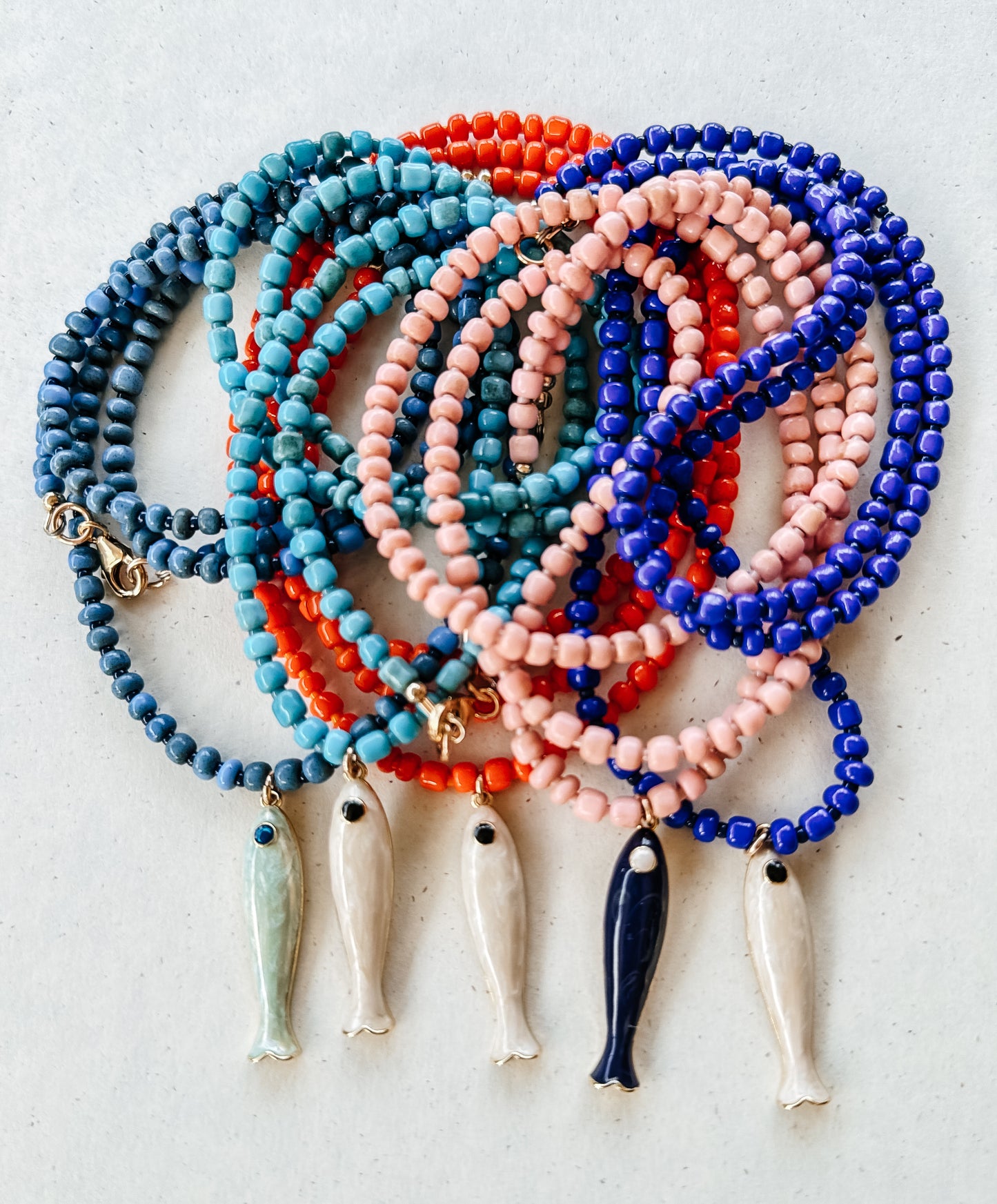Long Vintage Glass Bead Necklace with Fish Pendant