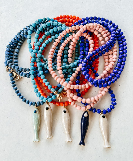 Long Vintage Glass Bead Necklace with Fish Pendant