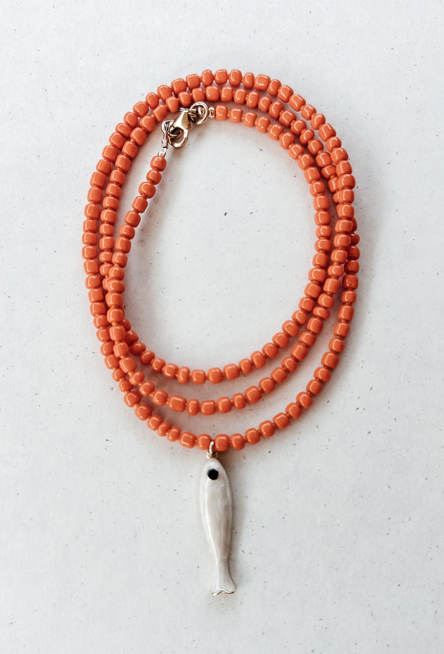 Long Vintage Glass Bead Necklace with Fish Pendant