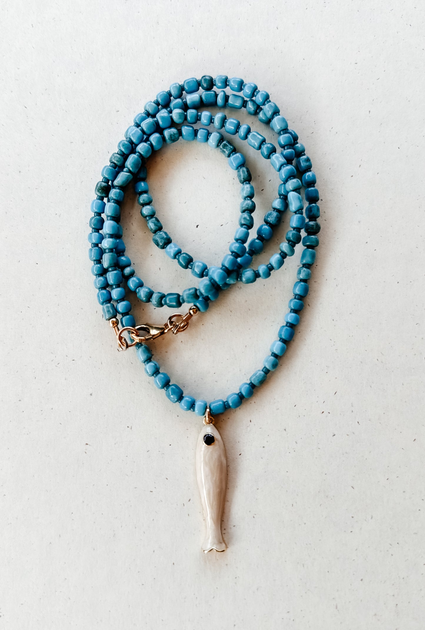 Long Vintage Glass Bead Necklace with Fish Pendant