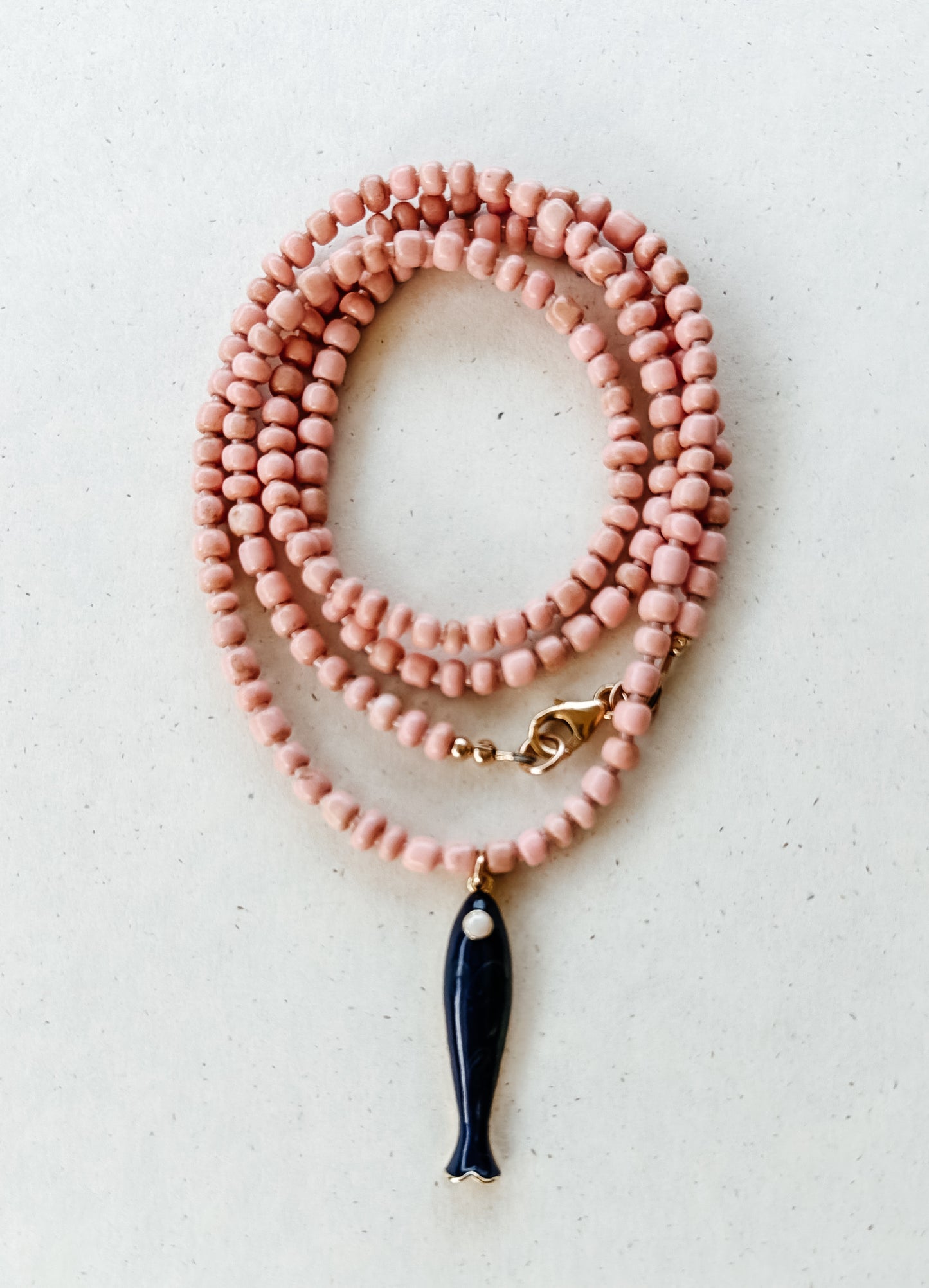 Long Vintage Glass Bead Necklace with Fish Pendant