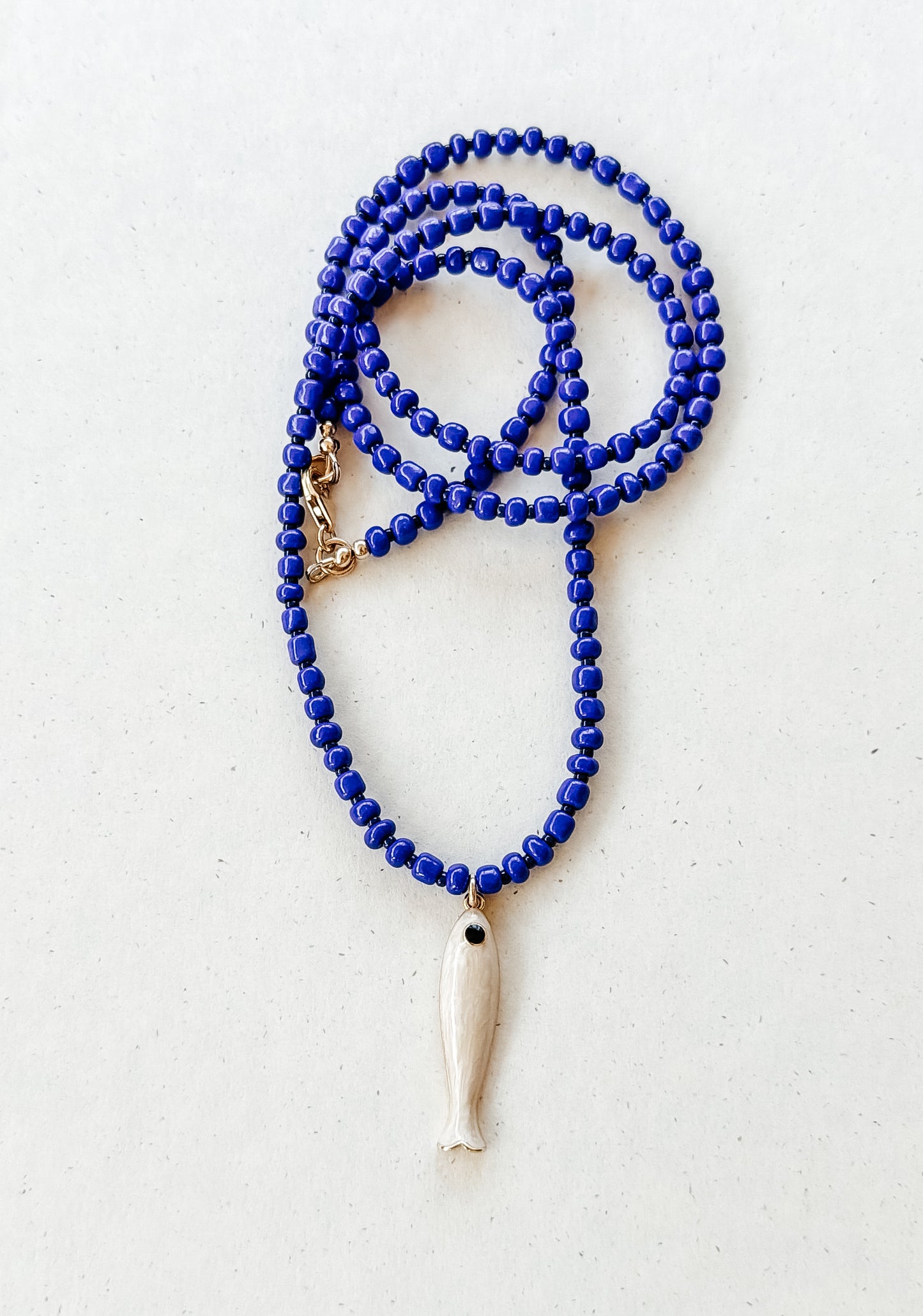 Long Vintage Glass Bead Necklace with Fish Pendant