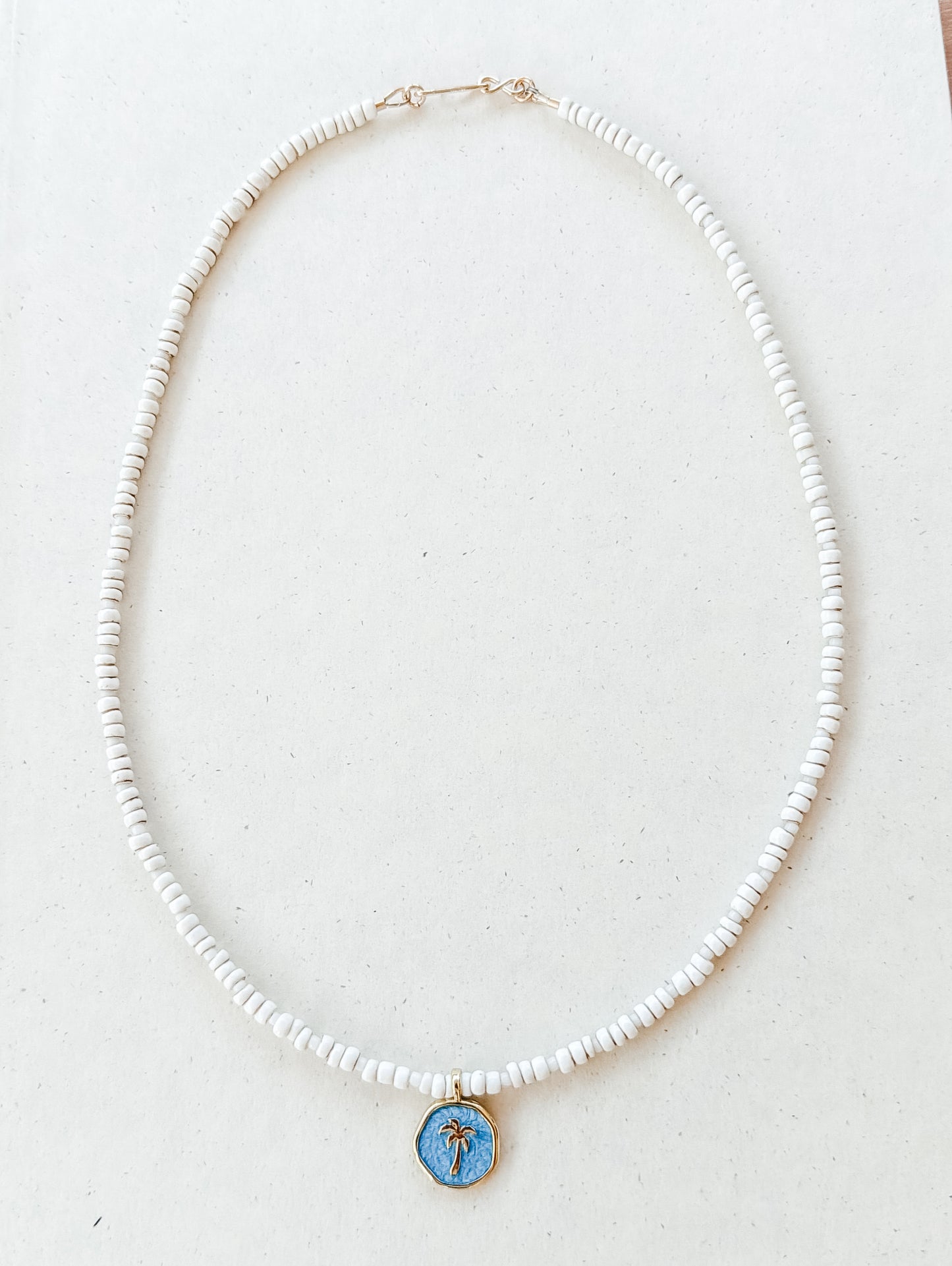 White Vintage Glass Bead Necklace with Palm Tree Pendant