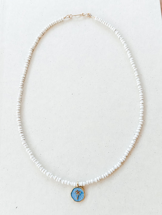 White Vintage Glass Bead Necklace with Palm Tree Pendant