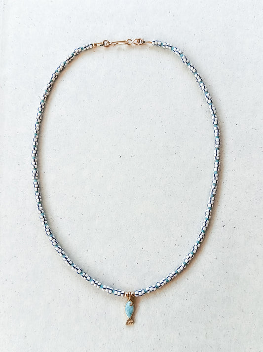 Vintage Blue and White Striped Glass Bead Necklace