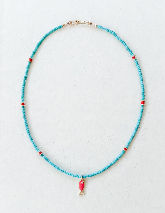 Vintage Turquoise and Red Glass Bead Necklace