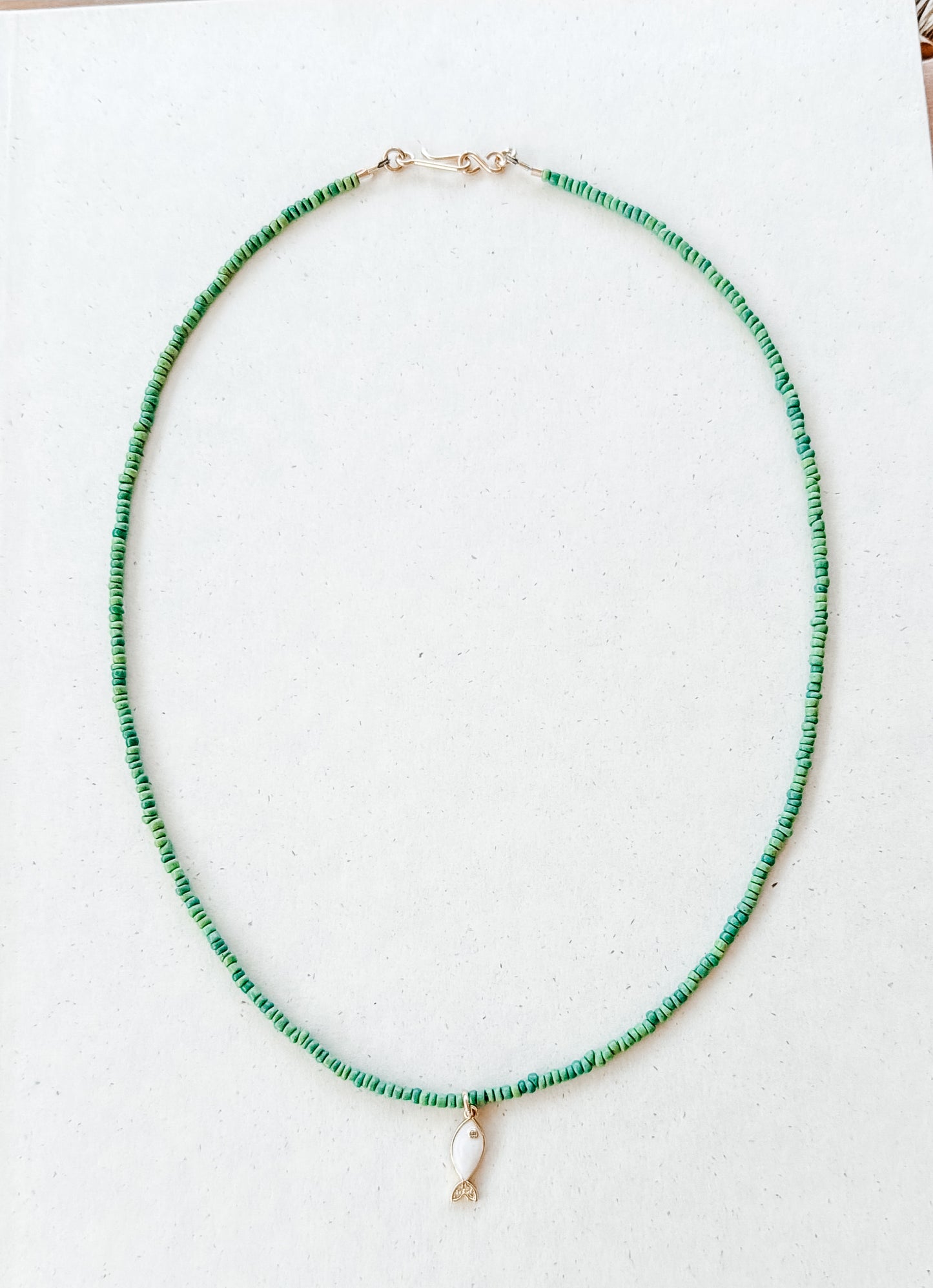 Green Venetian Seed Bead Necklace Fish Pendant