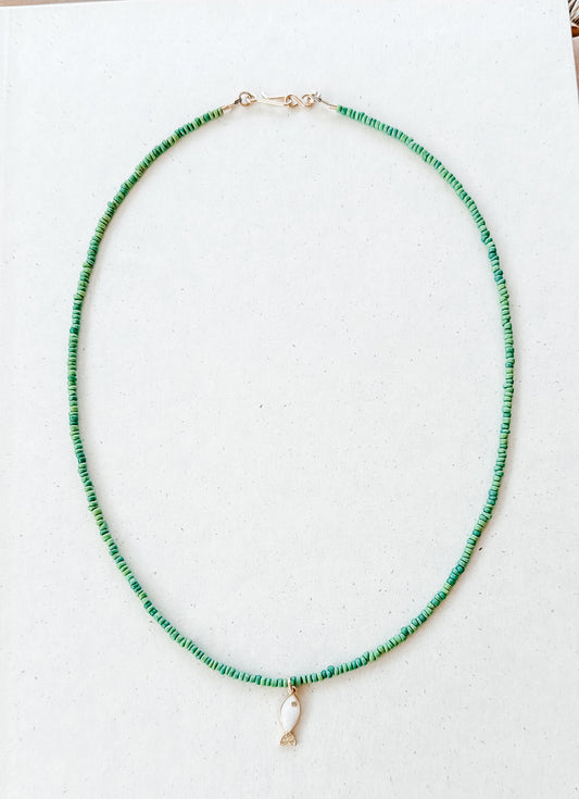 Green Venetian Seed Bead Necklace Fish Pendant