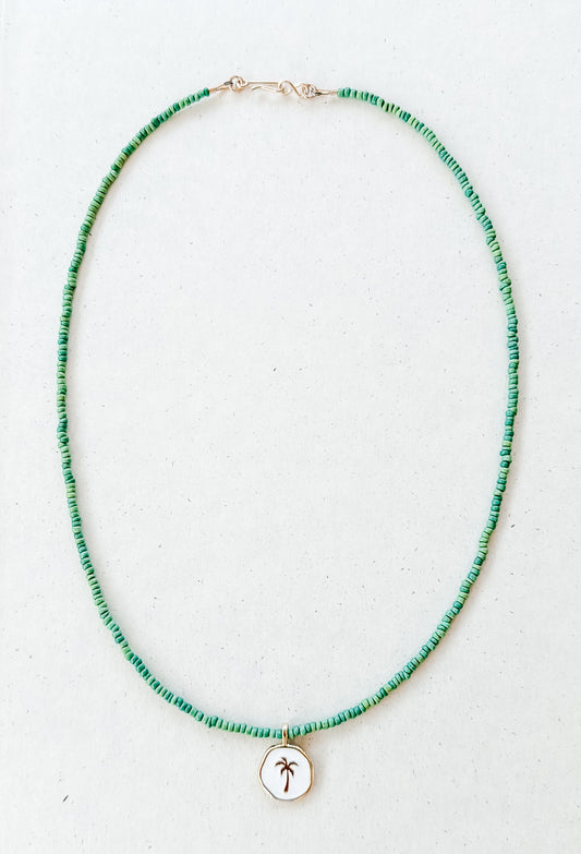 Green Venetian Seed Bead Necklace Palm Tree Pendant (Copy)