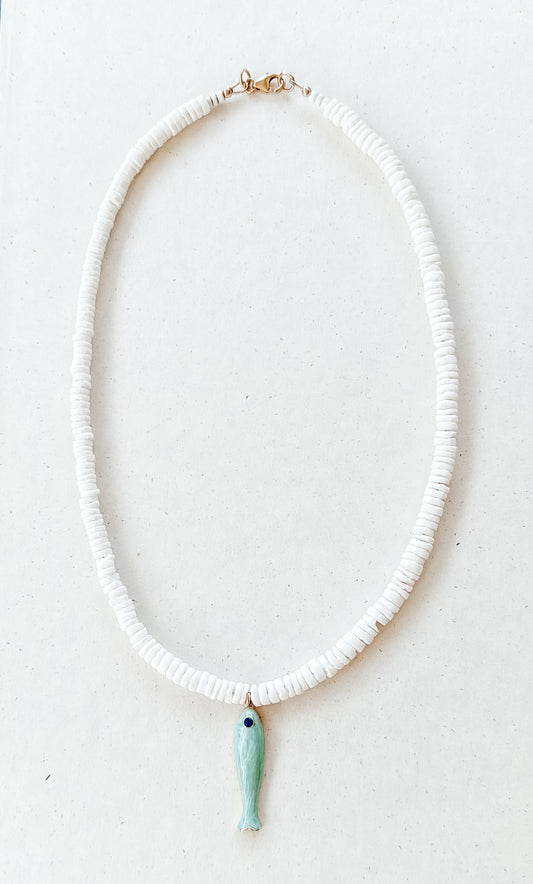 Puka Shell Bead Necklace with Aqua Fish Pendant