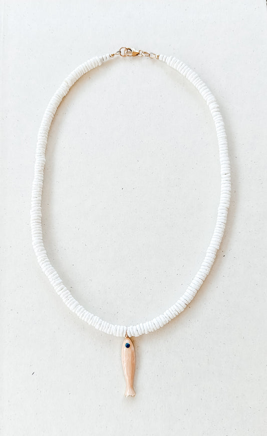 Puka Shell Necklace with Fish Pendant