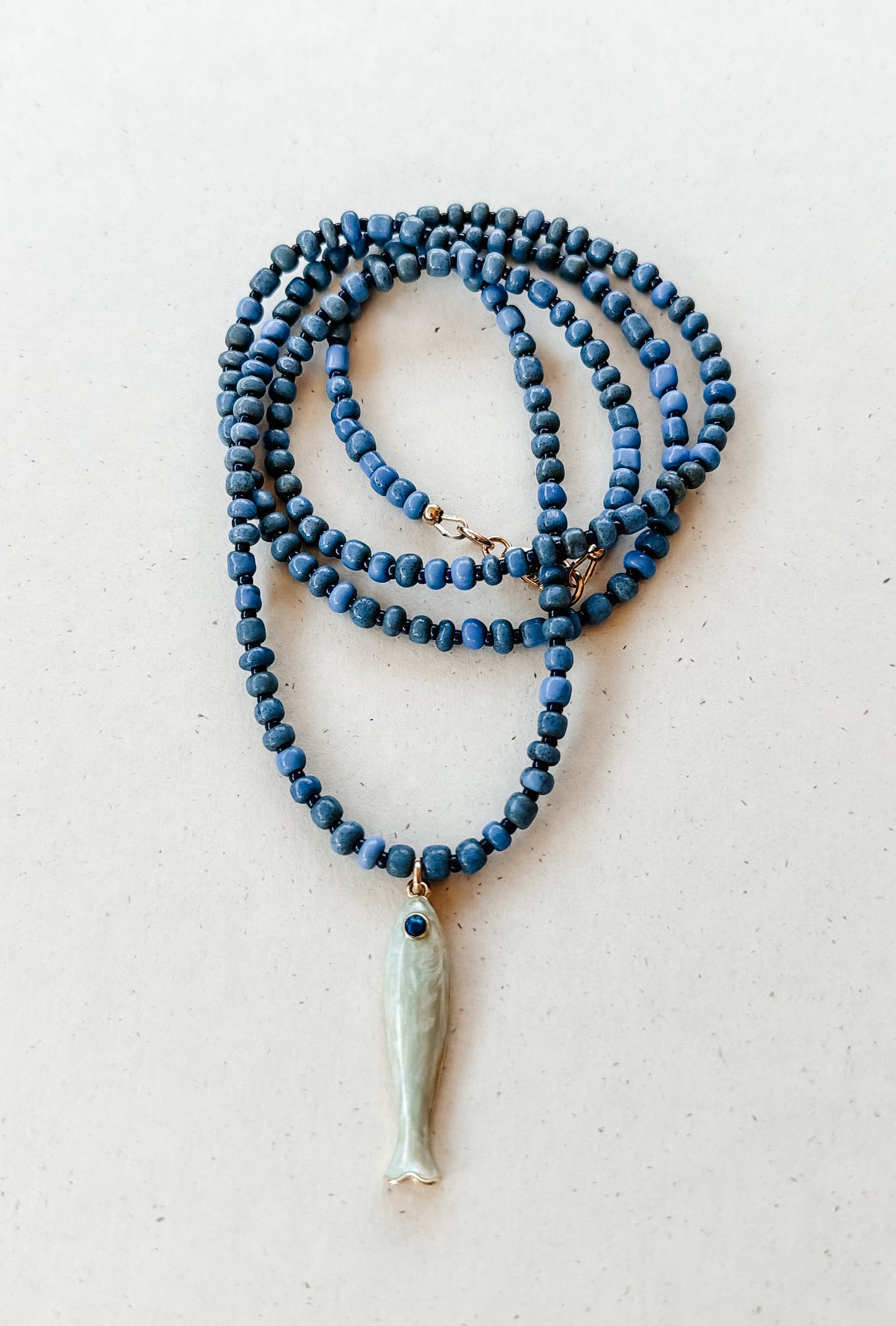 Long Vintage Glass Bead Necklace with Fish Pendant